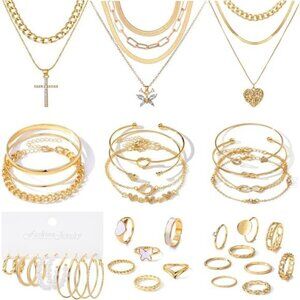 Dainty Gold Set –  Minimalist Jewelry with Necklaces, Bangles, Rings & Earrings